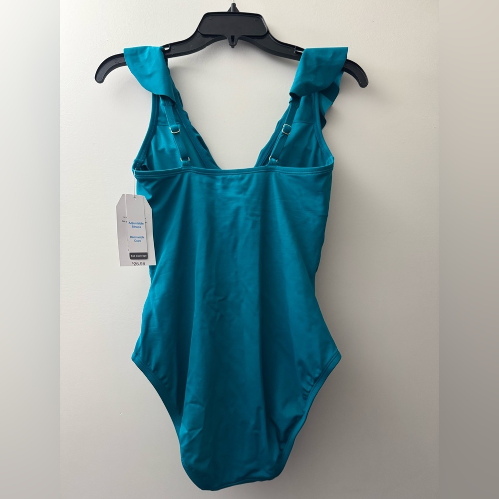 Time and Tru Teal Ruffled One Piece Swimsuit - Picture 4 of 5